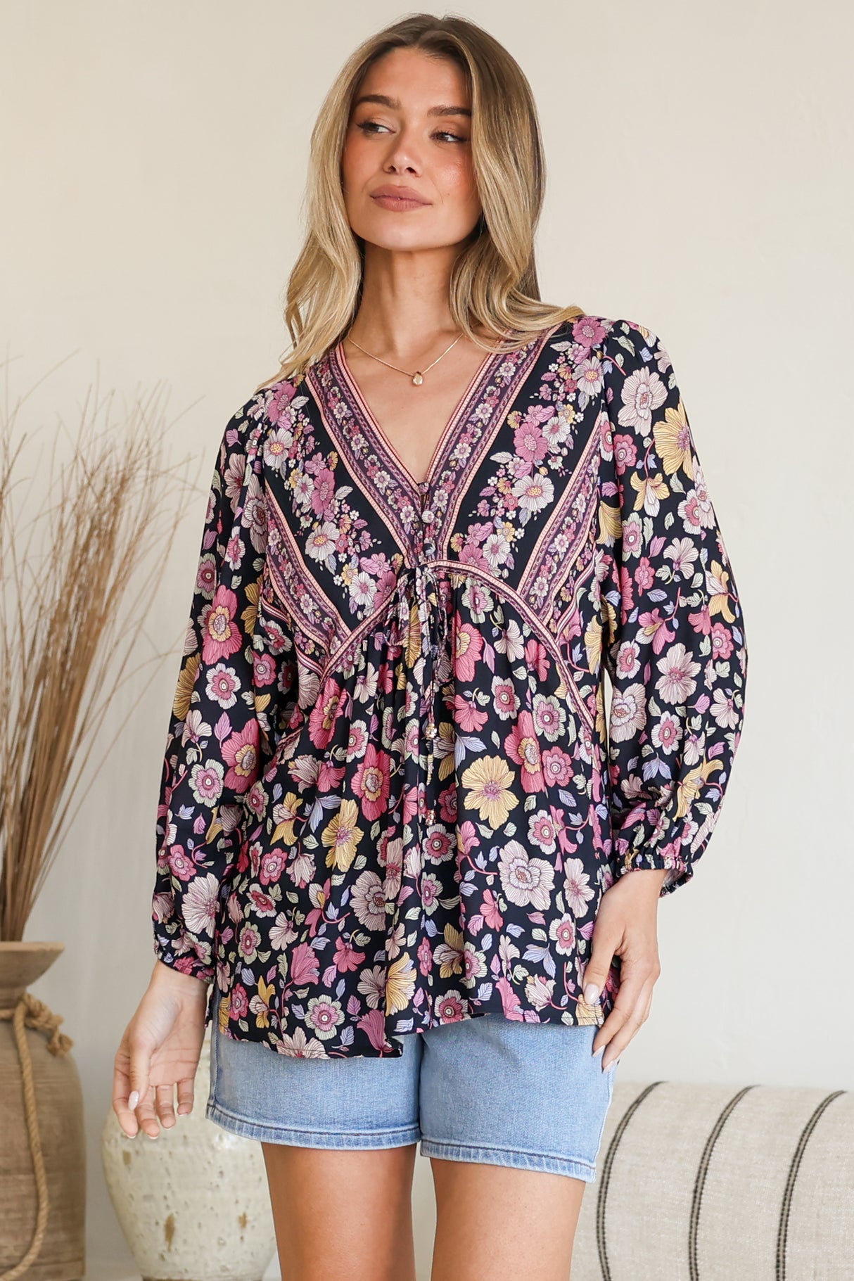 Model wearing Joelle Top in Anissa Print Black from Salty Crush