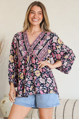 Model wearing Joelle Top in Anissa Print Black from Salty Crush