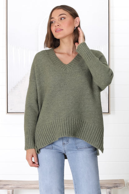 Jonas Jumper - Relaxed High-Low Jumper With Seam Splits In Khaki