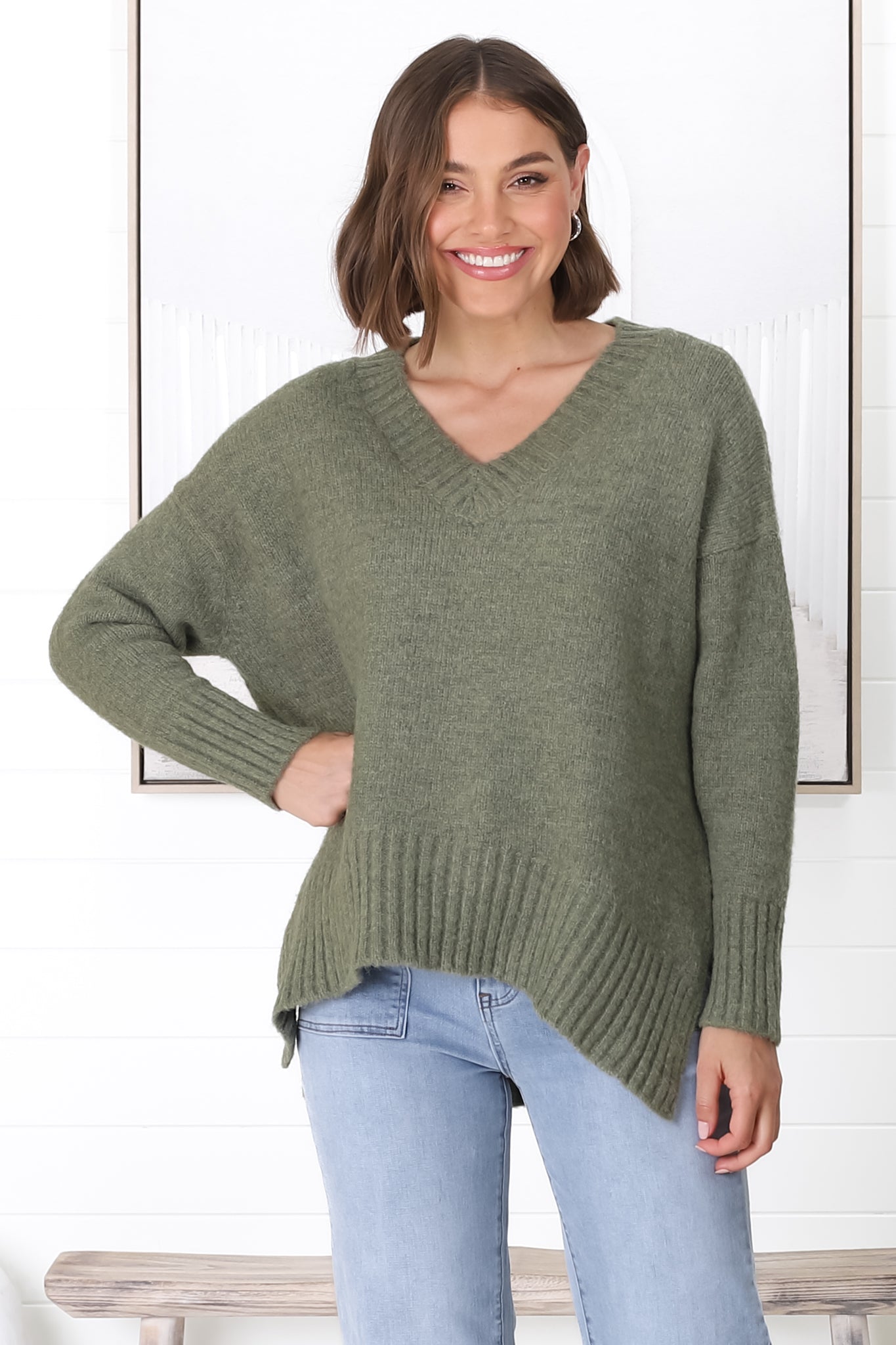 Jonas Jumper - Relaxed High-Low Jumper With Seam Splits In Khaki