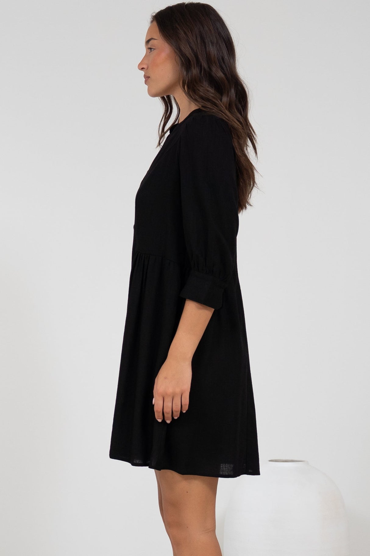 Jordan Mini Dress - Tiered Button Down Dress with 3/4 Sleeves in Black
