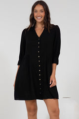 Jordan Mini Dress - Tiered Button Down Dress with 3/4 Sleeves in Black