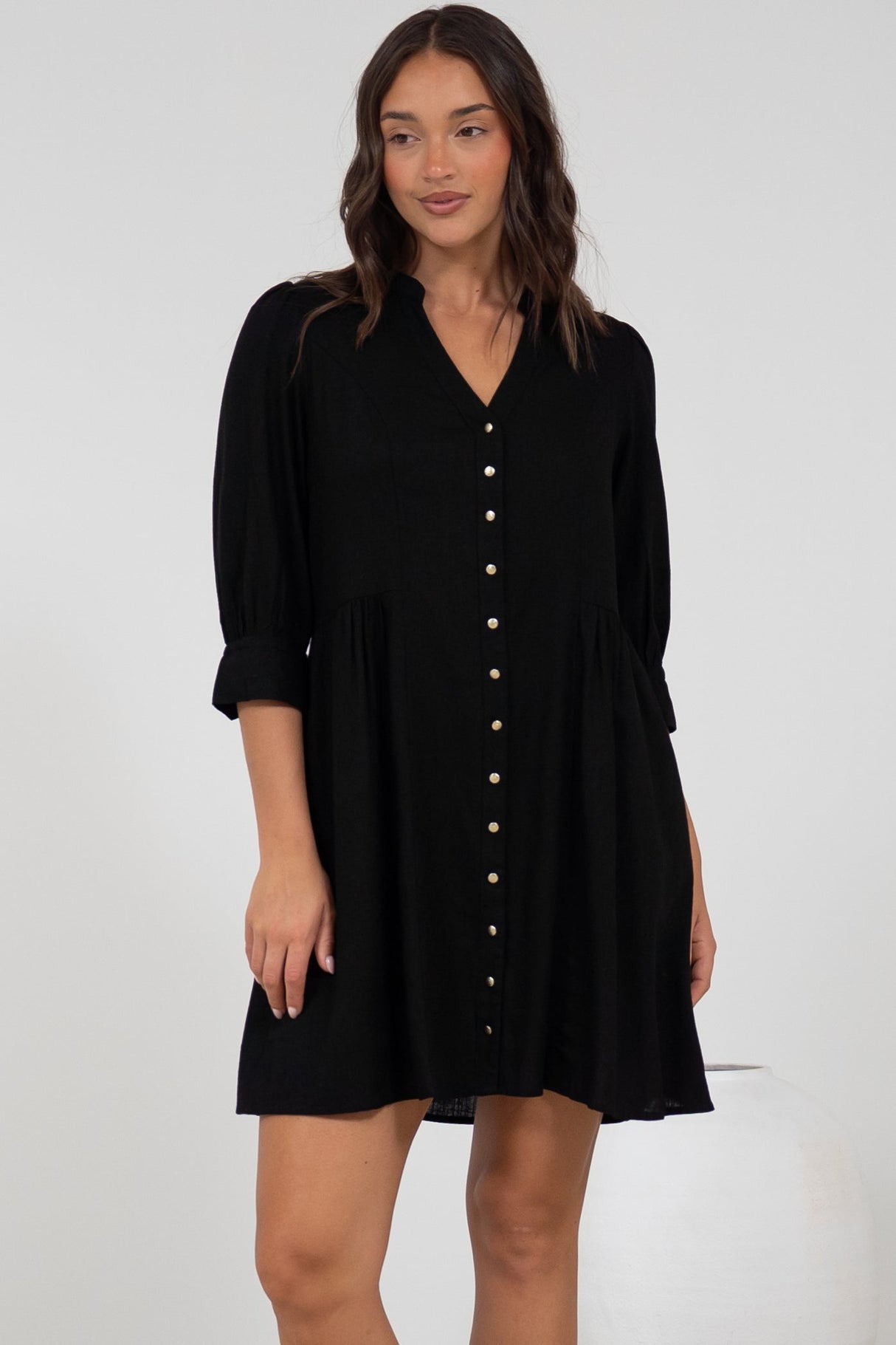 Jordan Mini Dress - Tiered Button Down Dress with 3/4 Sleeves in Black