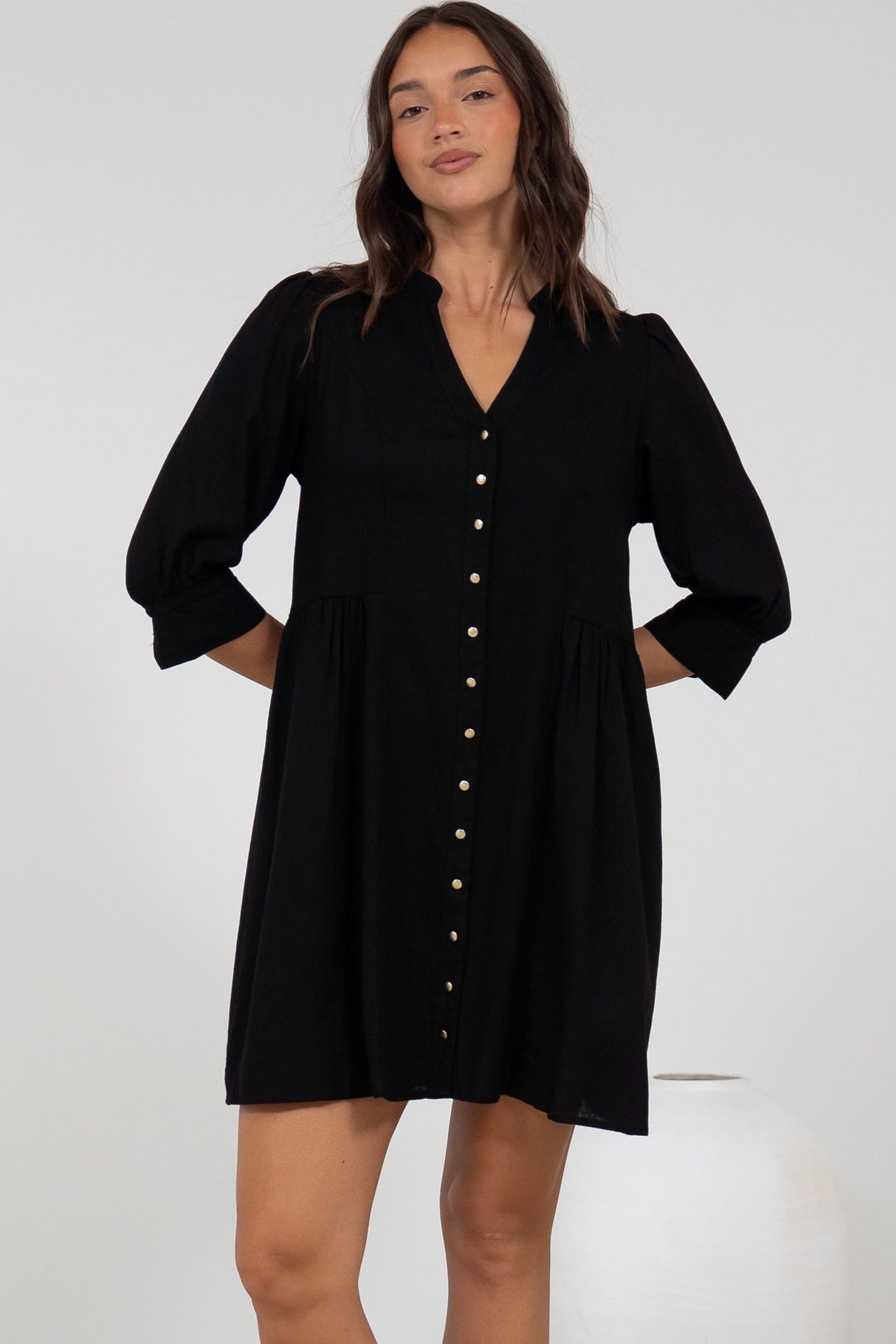 Jordan Mini Dress - Tiered Button Down Dress with 3/4 Sleeves in Black
