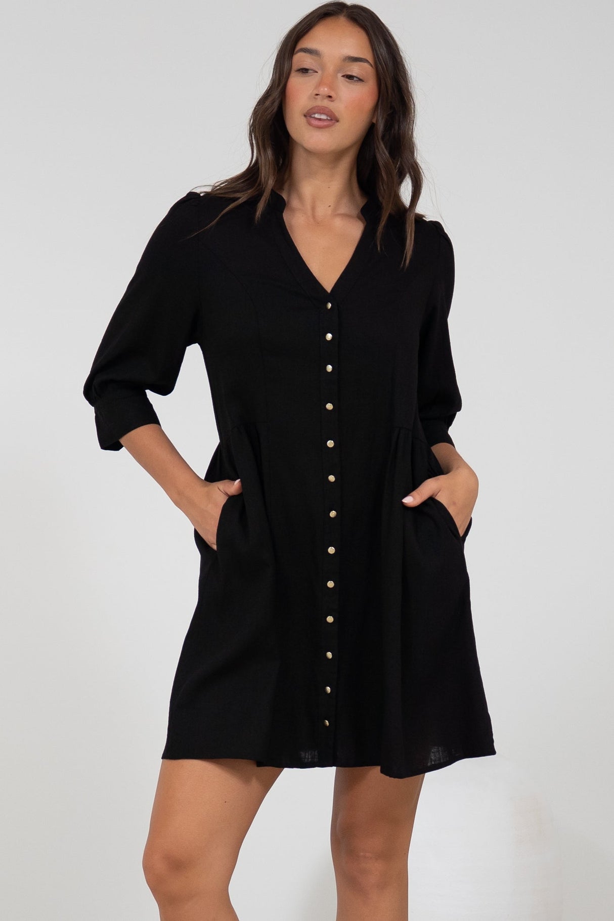 Jordan Mini Dress - Tiered Button Down Dress with 3/4 Sleeves in Black