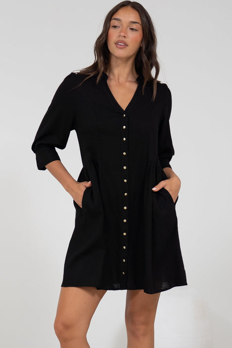 Jordan Mini Dress - Tiered Button Down Dress with 3/4 Sleeves in Black