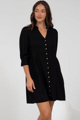 Jordan Mini Dress - Tiered Button Down Dress with 3/4 Sleeves in Black