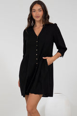Jordan Mini Dress - Tiered Button Down Dress with 3/4 Sleeves in Black