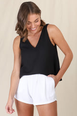 Joree Top - Linen Blend Soft V Neck Scoop Hem Top in Black
