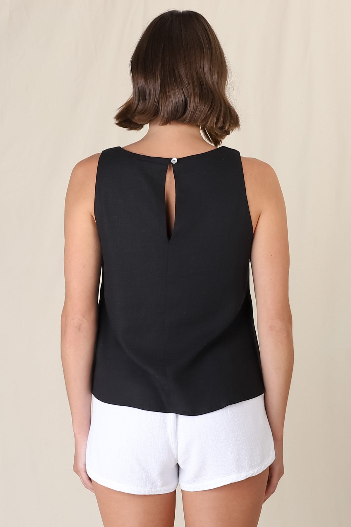 Joree Top - Linen Blend Soft V Neck Scoop Hem Top in Black