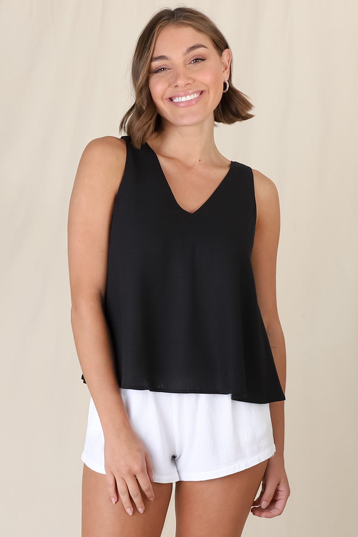 Joree Top - Linen Blend Soft V Neck Scoop Hem Top in Black