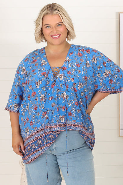 JAASE - Palas Top: V Neck Slouch Blouse With Criss Coss Bust Tie In Josianne Print