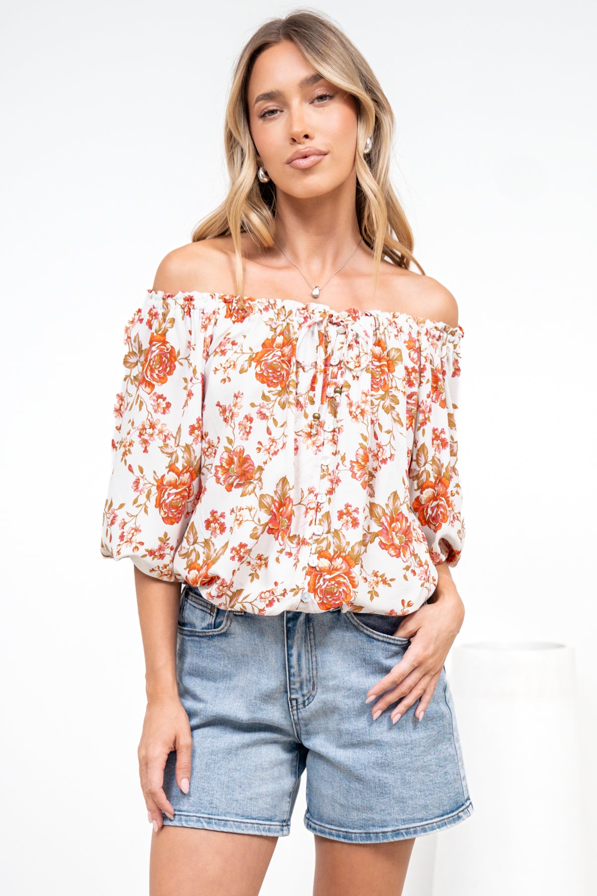 Journee Top - On or Off Shoulder Button Down in Maranta Print