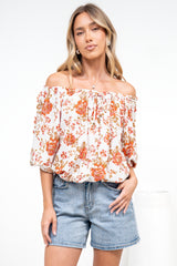 Journee Top - On or Off Shoulder Button Down in Maranta Print