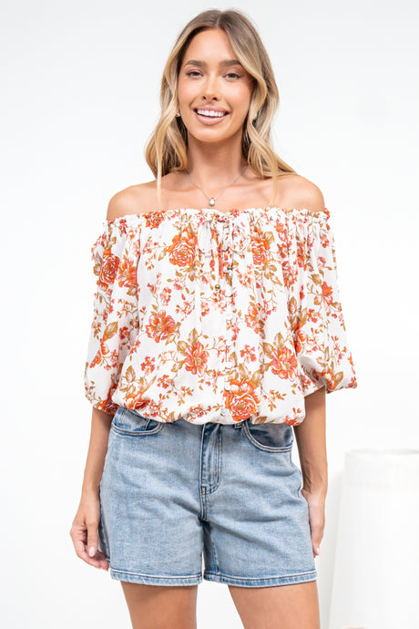 Journee Top - On or Off Shoulder Button Down in Maranta Print