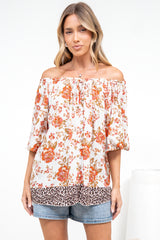 Journee Top - On or Off Shoulder Button Down in Maranta Print