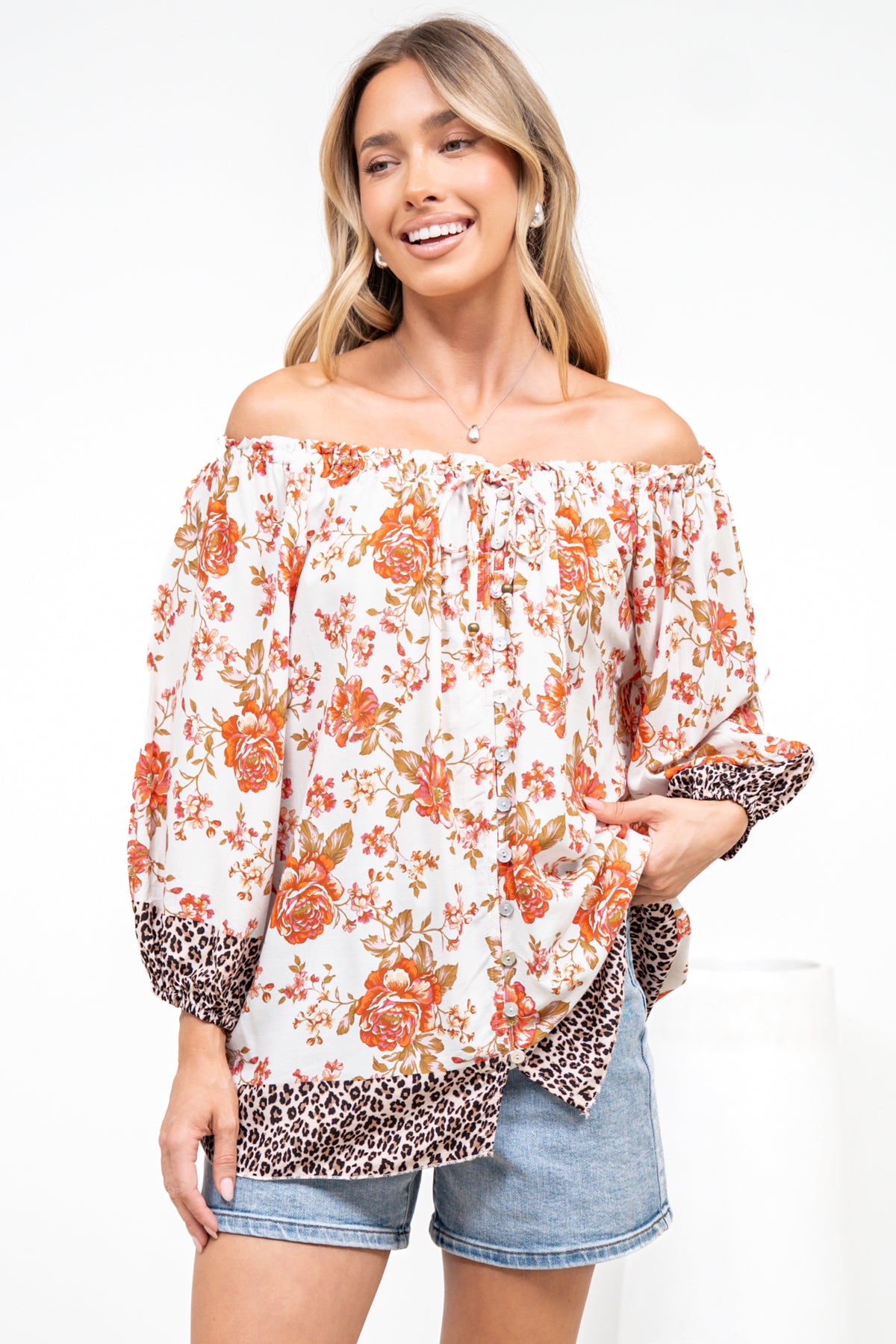 Journee Top - On or Off Shoulder Button Down in Maranta Print