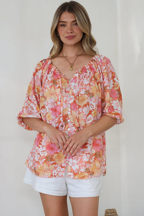 Journee Top - On or Off Shoulder Button Down in Tammi Print