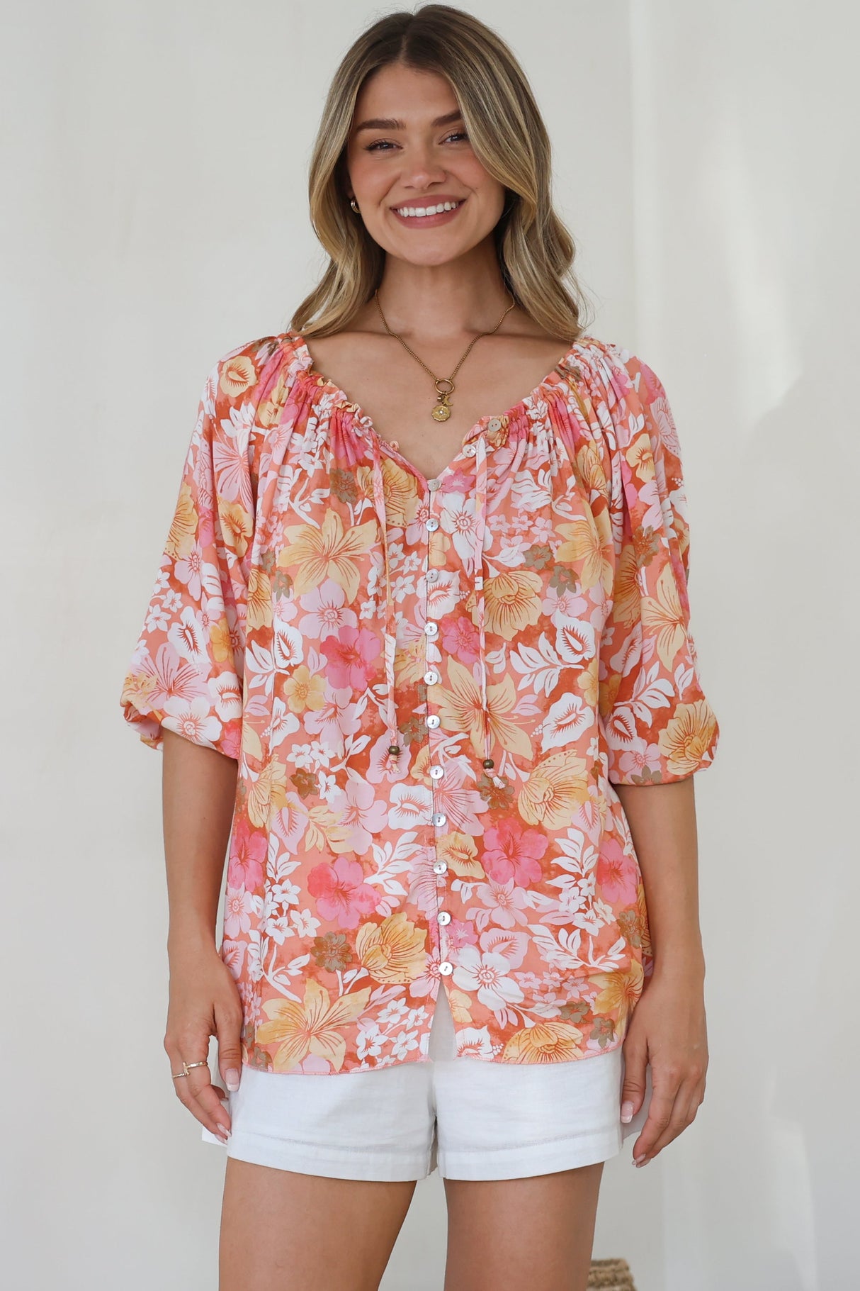 Journee Top - On or Off Shoulder Button Down in Tammi Print