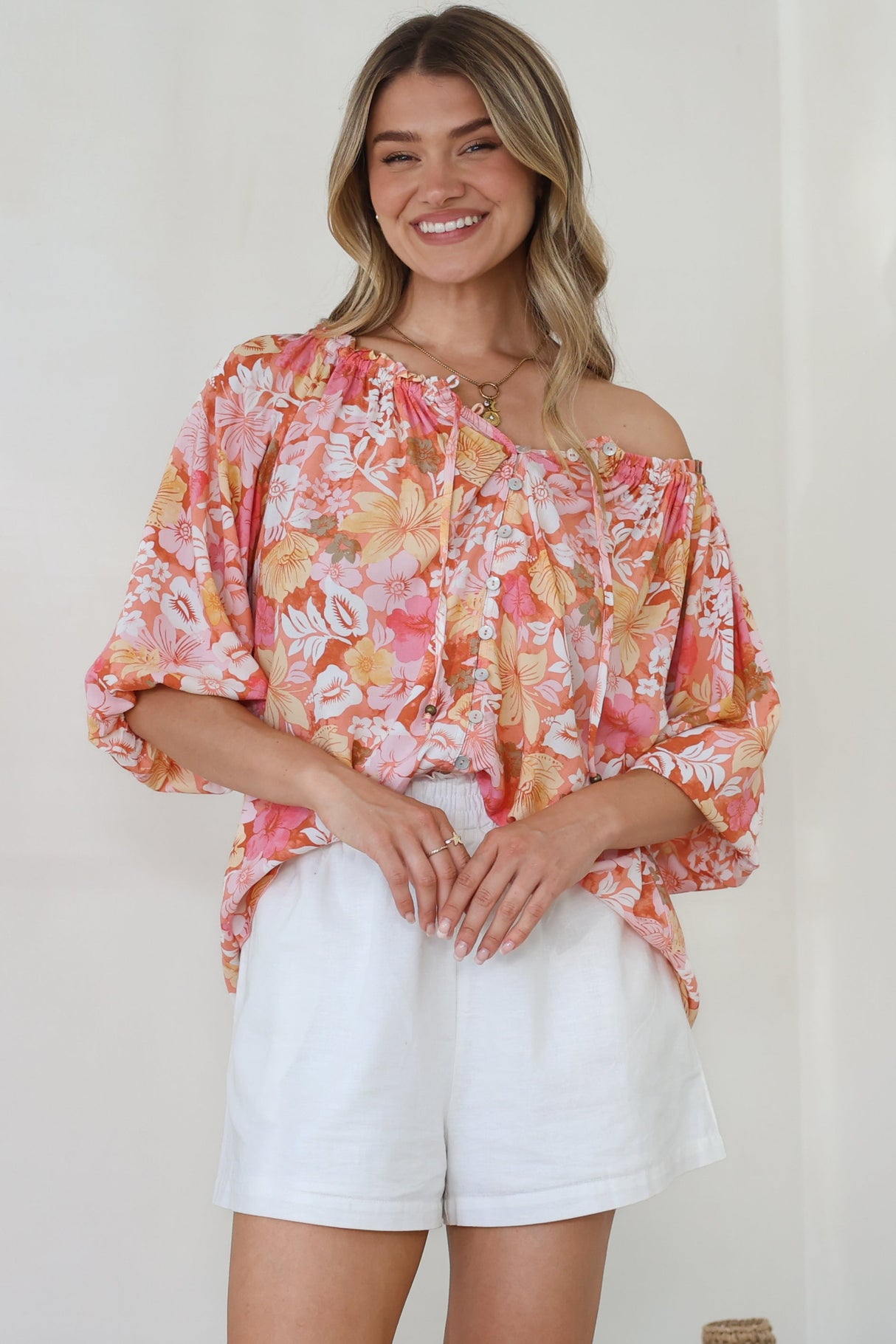 Journee Top - On or Off Shoulder Button Down in Tammi Print