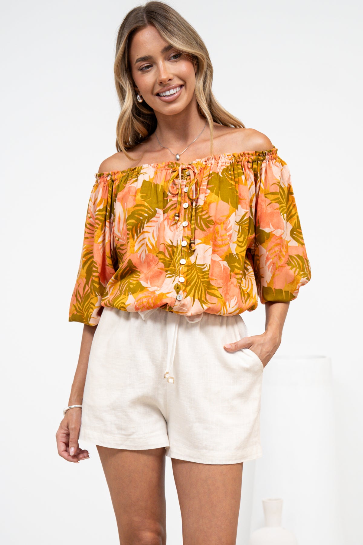 Journee Top - On or Off Shoulder Button Down in Tropica Print