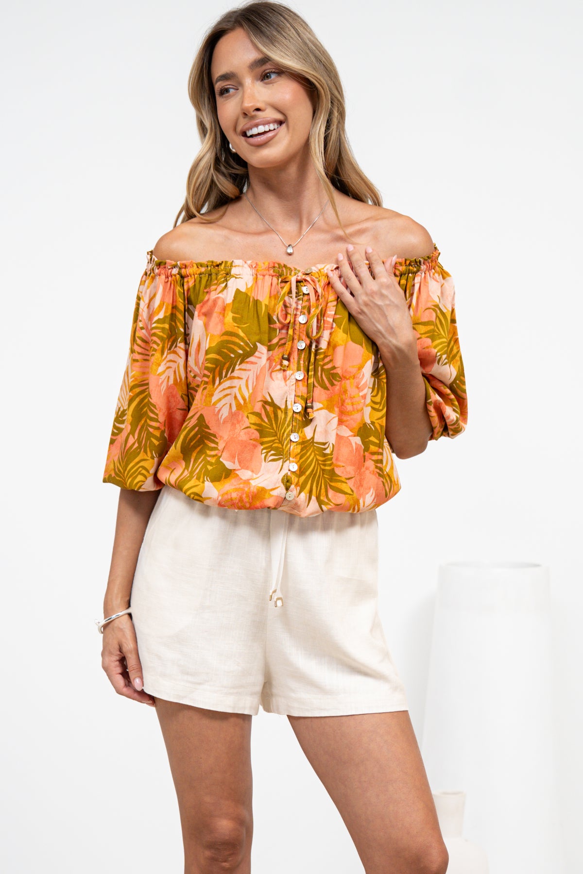 Journee Top - On or Off Shoulder Button Down in Tropica Print