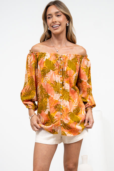 Journee Top - On or Off Shoulder Button Down in Tropica Print