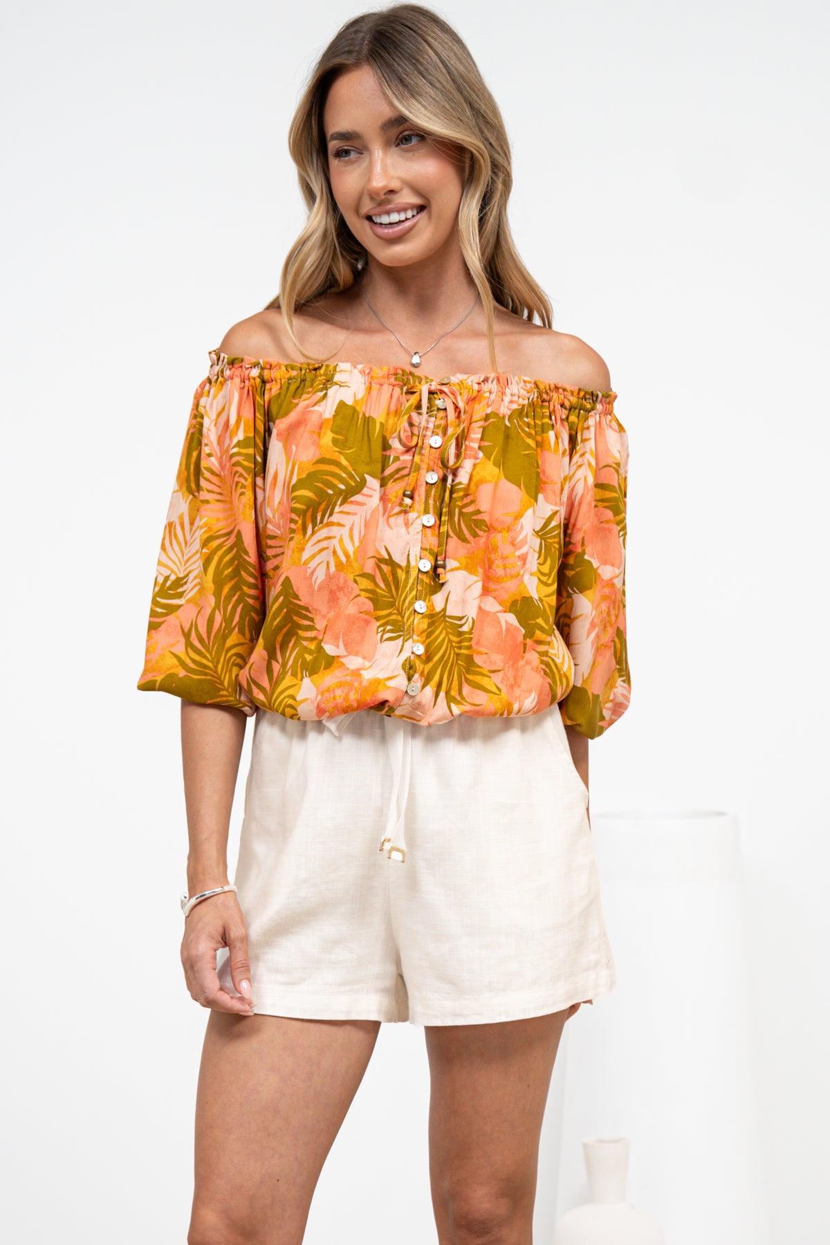 Journee Top - On or Off Shoulder Button Down in Tropica Print