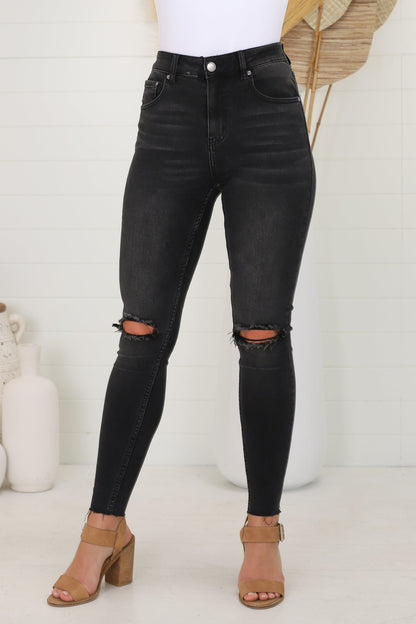 Joyce Jeans - Skinny Leg Ripped Knee Jeans in Charcoal