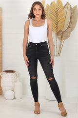 Joyce Jeans - Skinny Leg Ripped Knee Jeans in Charcoal