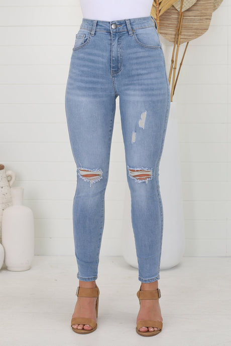 Joyce Jeans - Distressed Ripped Knee Skinny Leg Jeans in Light Denim