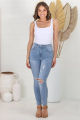 Joyce Jeans - Distressed Ripped Knee Skinny Leg Jeans in Light Denim