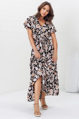 Hanna Maxi Dress - Cap Sleeve Tiered A Line Dress with Toggle Detailed Waist Tie in Torah Print