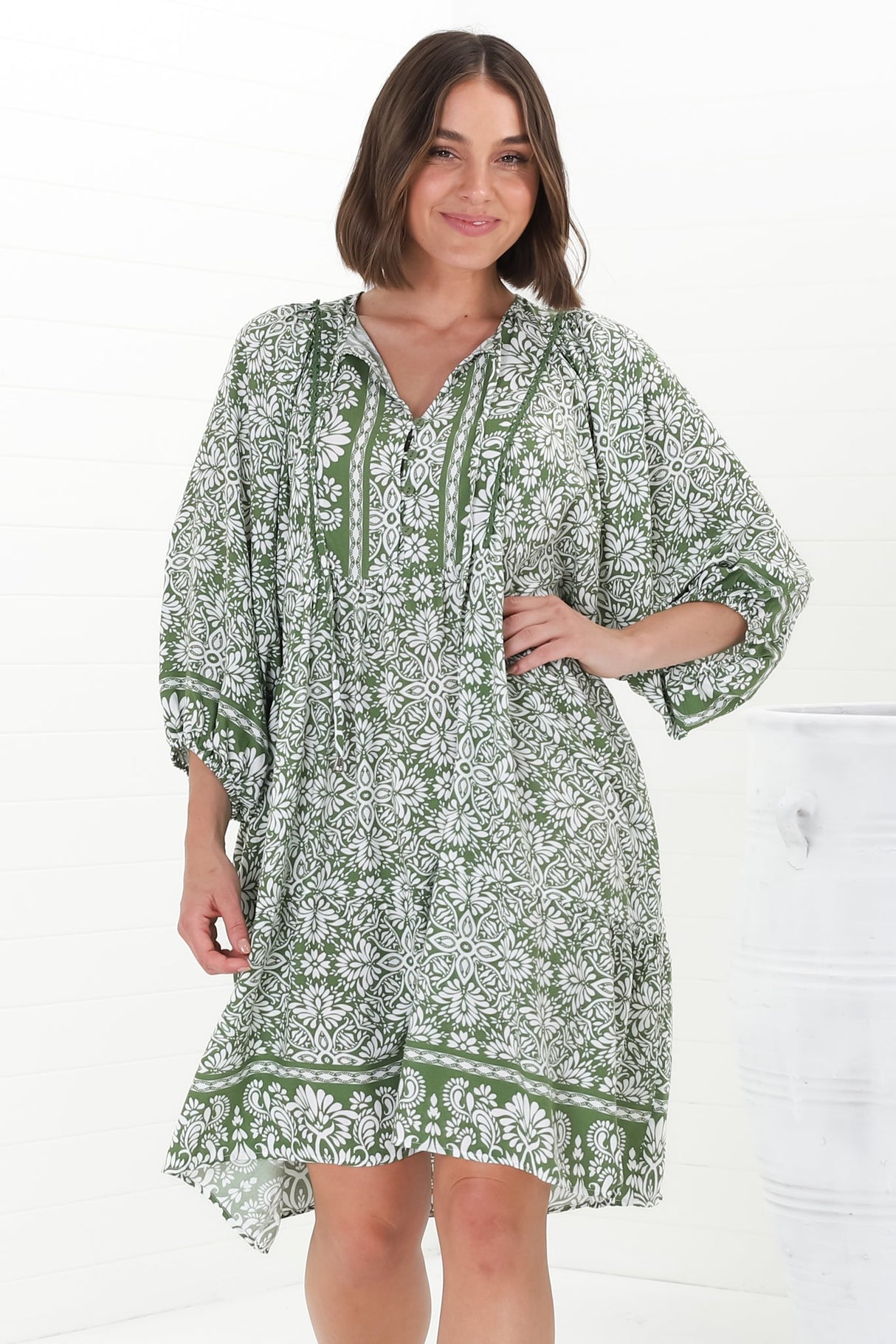 Juddy Mini Dress - Batwing Sleeve Smock Dress with Lace Detailing in Harley Print Green