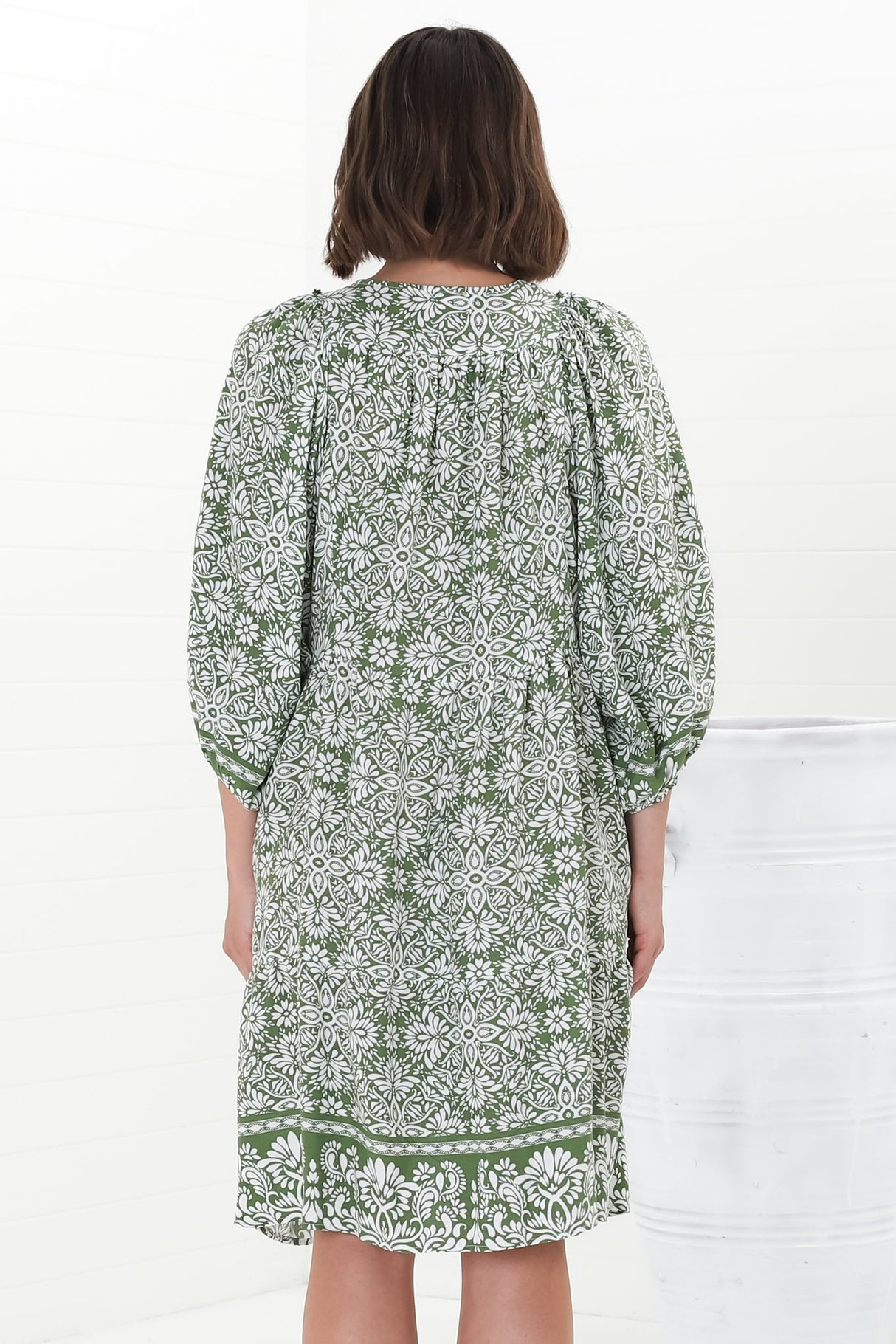 Juddy Mini Dress - Batwing Sleeve Smock Dress with Lace Detailing in Harley Print Green