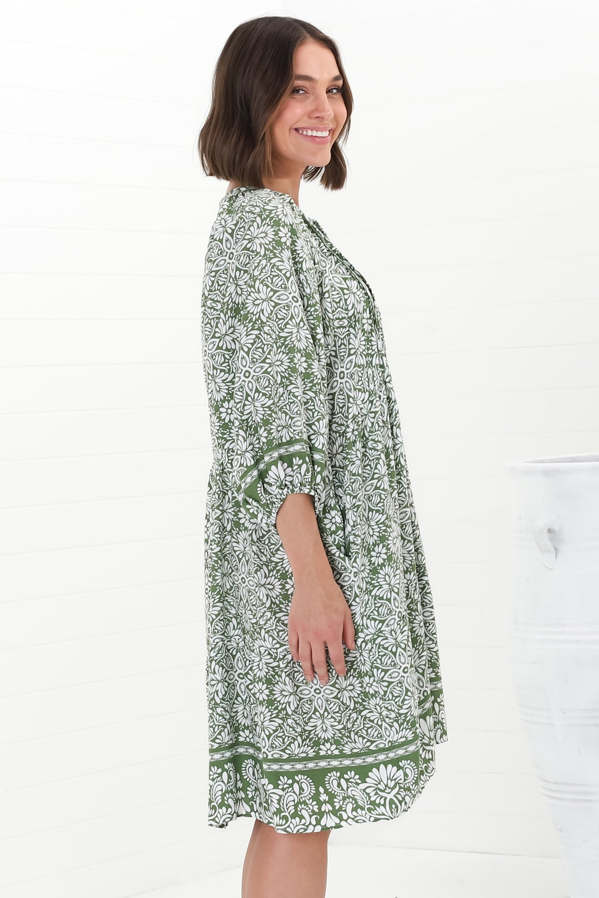 Juddy Mini Dress - Batwing Sleeve Smock Dress with Lace Detailing in Harley Print Green