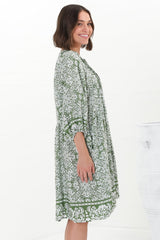 Juddy Mini Dress - Batwing Sleeve Smock Dress with Lace Detailing in Harley Print Green