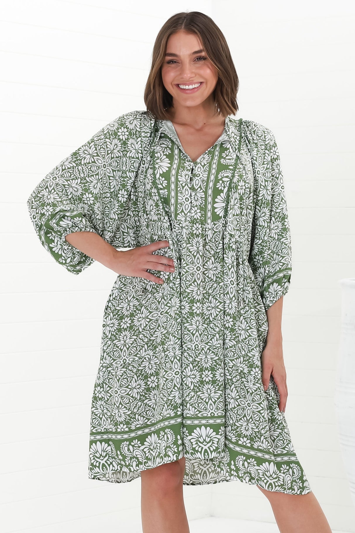 Juddy Mini Dress - Batwing Sleeve Smock Dress with Lace Detailing in Harley Print Green