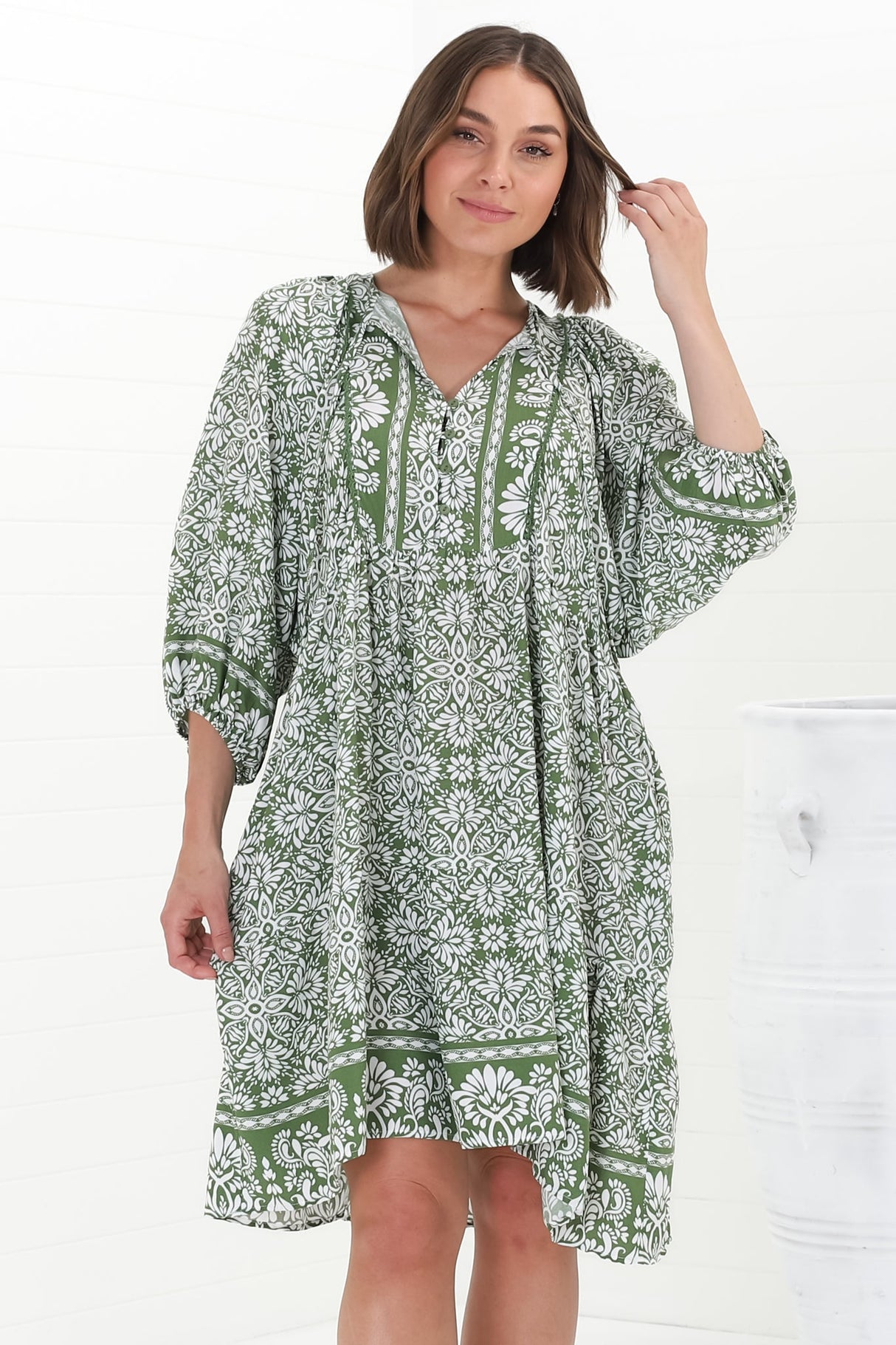 Juddy Mini Dress - Batwing Sleeve Smock Dress with Lace Detailing in Harley Print Green