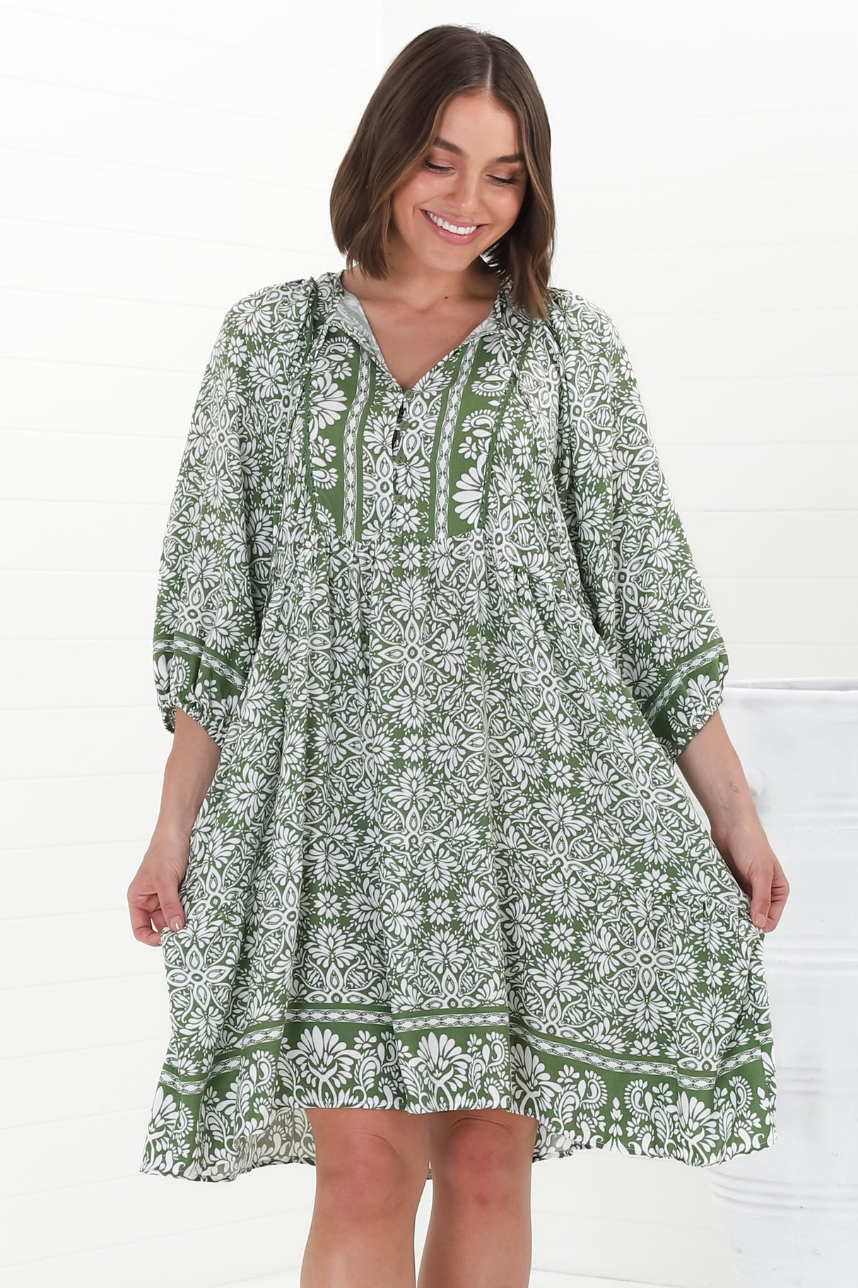 Juddy Mini Dress - Batwing Sleeve Smock Dress with Lace Detailing in Harley Print Green