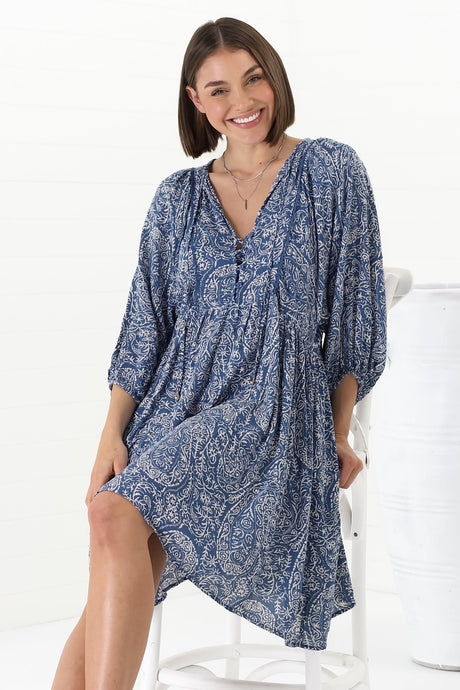 Juddy Mini Dress - Batwing Sleeve Smock Dress with Lace Detailing in Khalid Print Blue