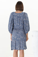 Juddy Mini Dress - Batwing Sleeve Smock Dress with Lace Detailing in Khalid Print Blue