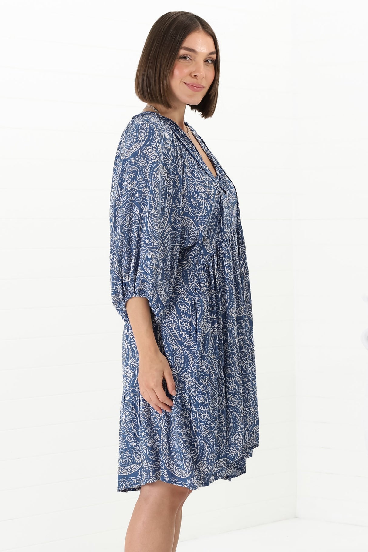 Juddy Mini Dress - Batwing Sleeve Smock Dress with Lace Detailing in Khalid Print Blue