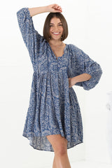 Juddy Mini Dress - Batwing Sleeve Smock Dress with Lace Detailing in Khalid Print Blue