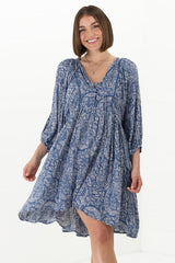 Juddy Mini Dress - Batwing Sleeve Smock Dress with Lace Detailing in Khalid Print Blue