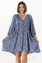 Juddy Mini Dress - Batwing Sleeve Smock Dress with Lace Detailing in Khalid Print Blue