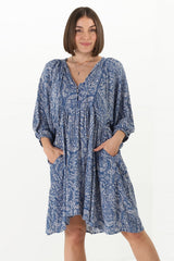 Juddy Mini Dress - Batwing Sleeve Smock Dress with Lace Detailing in Khalid Print Blue