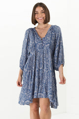 Juddy Mini Dress - Batwing Sleeve Smock Dress with Lace Detailing in Khalid Print Blue