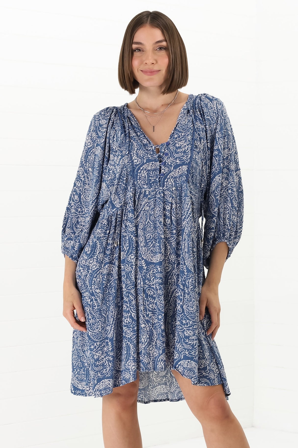 Juddy Mini Dress - Batwing Sleeve Smock Dress with Lace Detailing in Khalid Print Blue