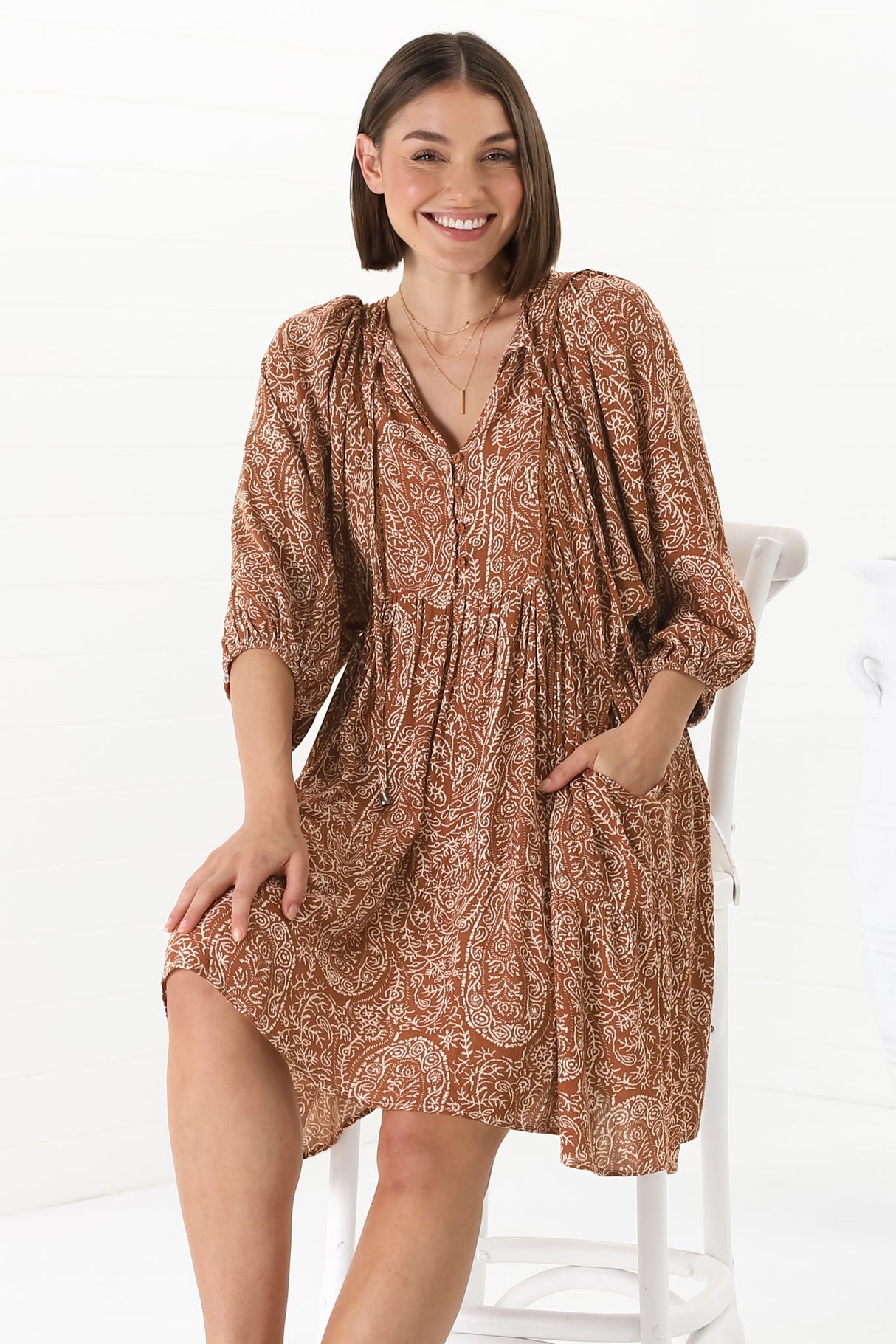 Juddy Mini Dress - Batwing Sleeve Smock Dress with Lace Detailing in Khalid Print Rust